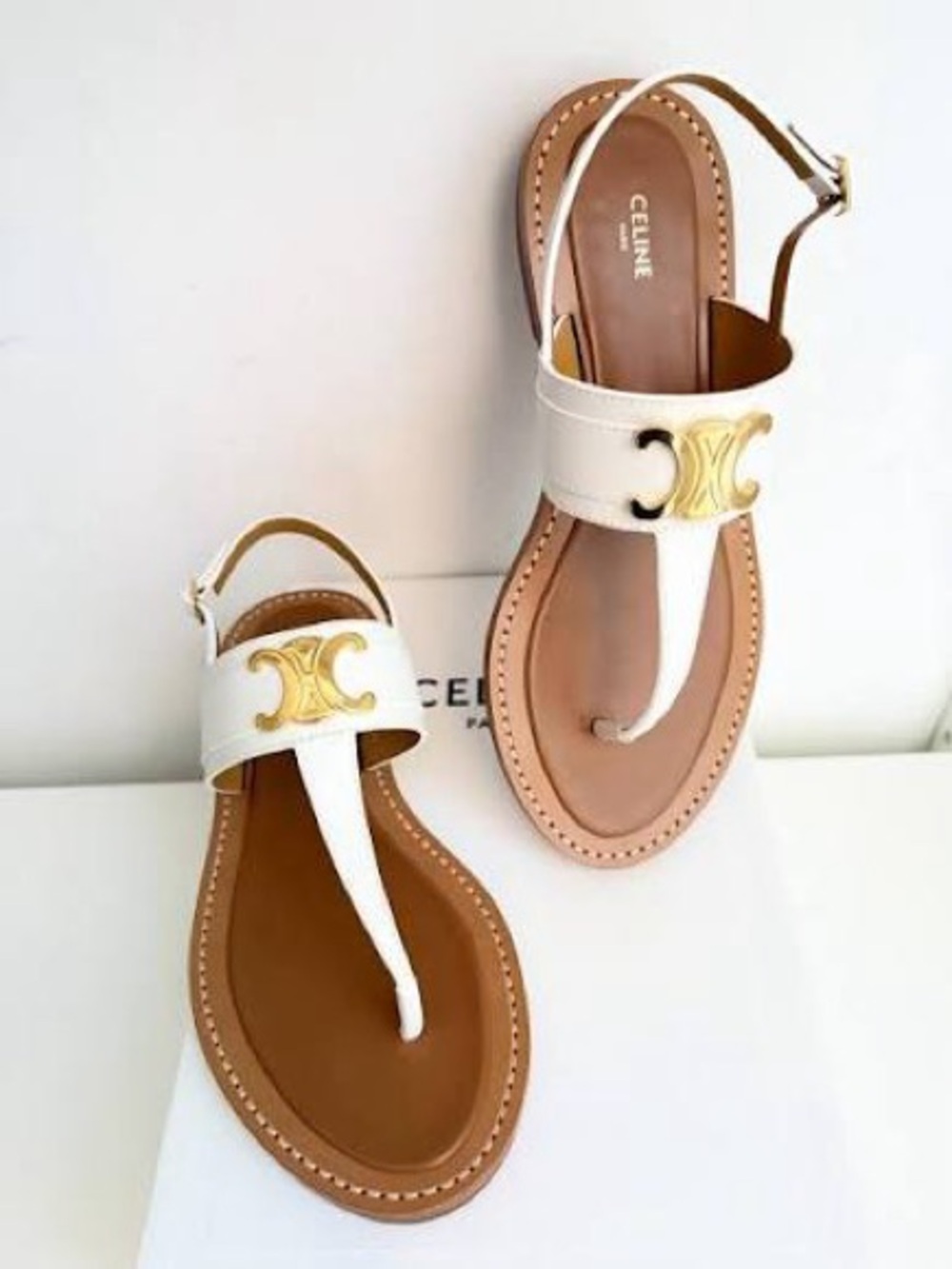 Celine White Leather Triomphe thong Sandals